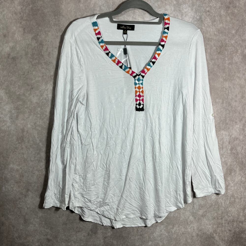 Melissa Paige Top Womens Small White Beaded‎ Long Sleeves Stretch Casual NEW